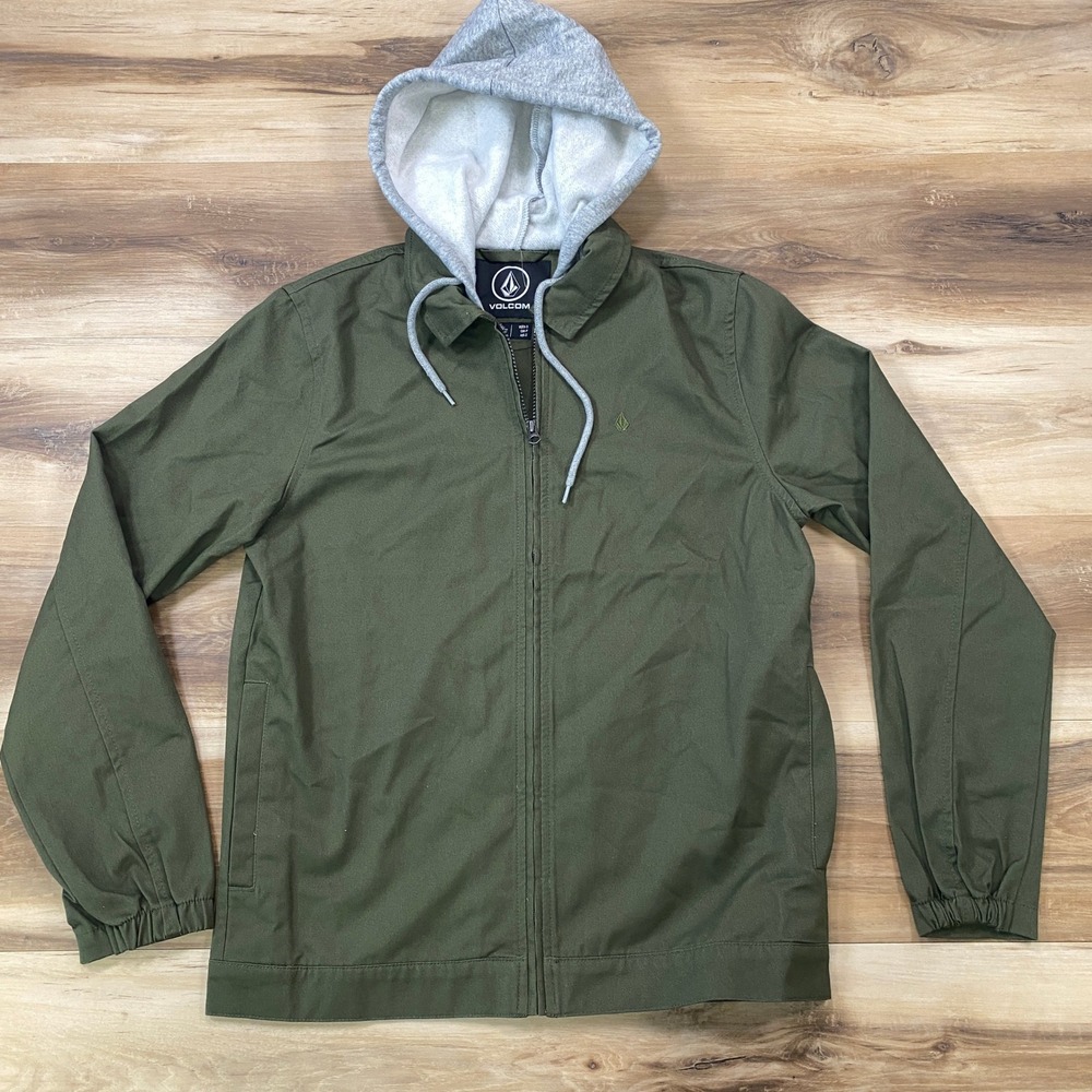 Volcom Hooded Jacket Mens Small Streetwear Canvas Full Zip Olive Green Casual